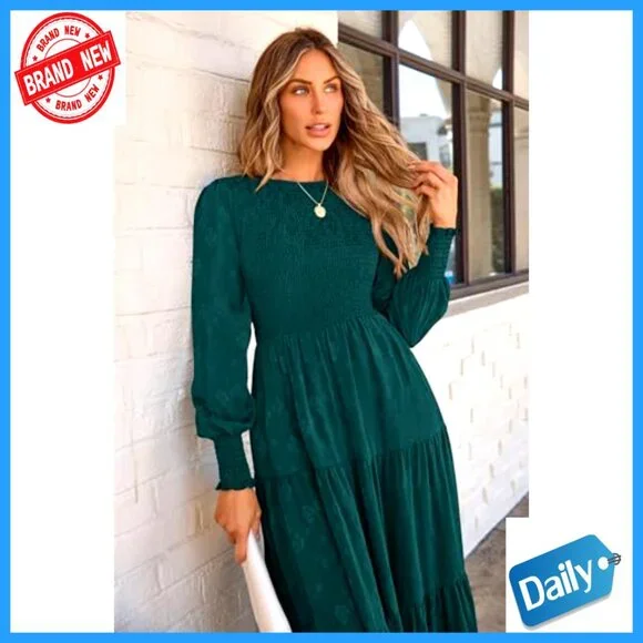 Floral Midi Dress Long Sleeve Smocked Elegant Wedding Guest Flowy with Pockets